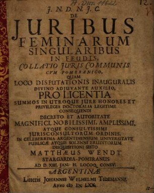 De Iuribus Feminarum Singularibus In Feudis : Collatio Iuris Communis Cum Pomeranico