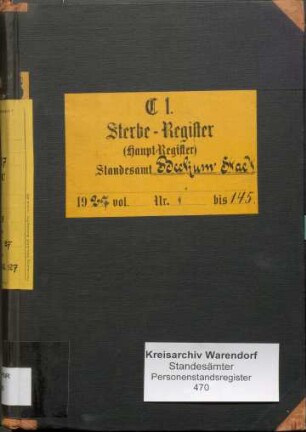 Sterberegister des Standesamtes Beckum-Stadt von 1927 (Urkunden-Nr. 1-145)