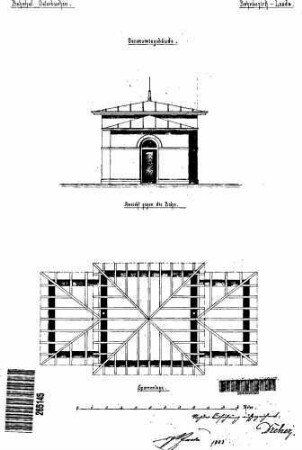 Osterburken: Empfangsgebäude Ökonomiegebäude Giebelansicht Bahnseite,Sparrenlage