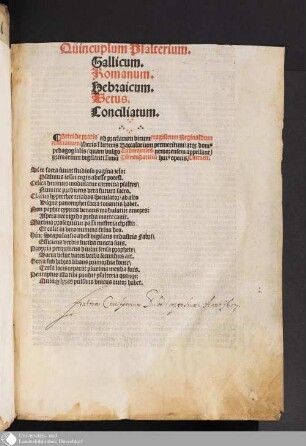 Quincuplum Psalterium : Gallicum. Romanum. Hebraicum. Vetus. Conciliatum