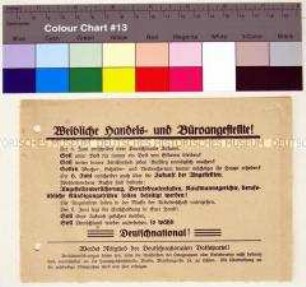 Programmatischer Wahl- und Beitrittsaufruf der Deutschnationalen Volkspartei an die weiblichen Handels- und Büroangestellten anlässlich der Reichstagswahl