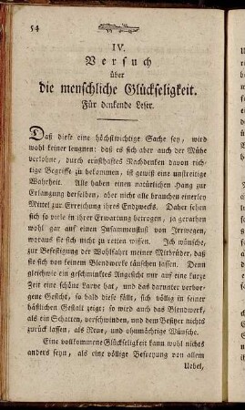 IV. Versuch über die menschliche Glückseligkeit.