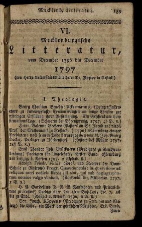 VI. Mecklenburgische Litteratur, vom December 1796 bis December 1797