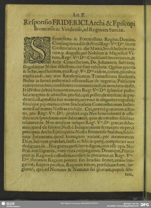 Lit. F. Responsio Friderici, Archi- & Episcopi Bremensis ac Verdensis, ad Reginam Sueciae