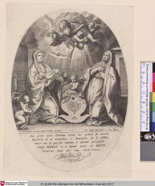 [Jungfrau und Hl. Anna kniend an einer Holzschaukel im Oval; Virgin and S. Anne, kneeling by a wooden craddle, in oval]