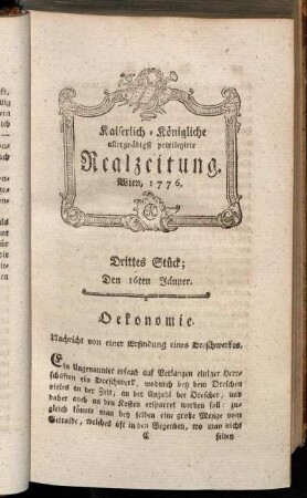 Drittes Stück; Den 16ten Jänner. Wien, 1776.