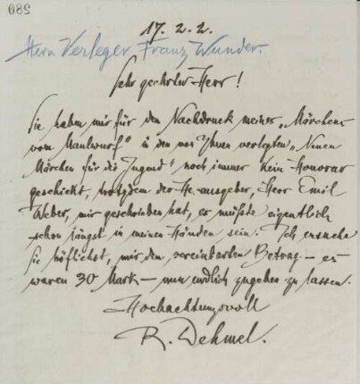 Brief an den Verleger Franz Wunder