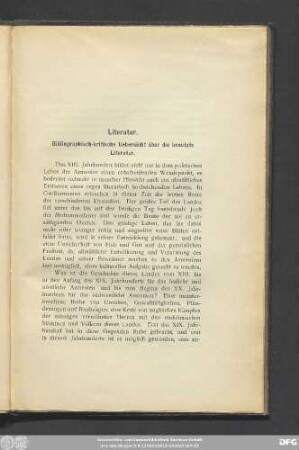 Literatur. Bibliographisch-kritische Uebersicht über die benutzte Literatur.