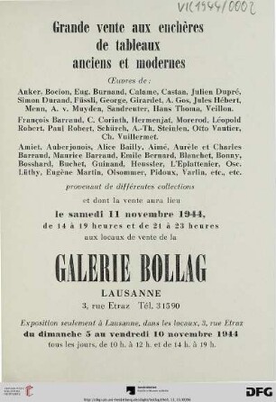 Grande vente aux enchères de tableaux anciens et modernes : œuvres de: Anker, ... ; provenant de différentes collections et dont la vente aura lieu 11 Novembre 1944