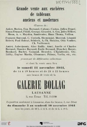 Grande vente aux enchères de tableaux anciens et modernes : œuvres de: Anker, ... ; provenant de différentes collections et dont la vente aura lieu 11 Novembre 1944