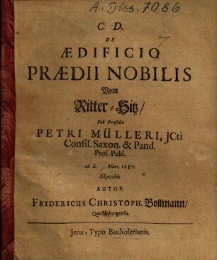 De Aedificio Praedii Nobilis : = Vom Ritter-Sitz