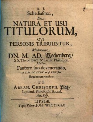 Schediasma, De Natura Et Usu Titulorum, Qui Personis Tribuuntur