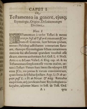 Caput I. De Testamento in genere, ejusq; Etymologia, Origine, Definitione Atque Divisione.