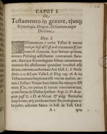 Caput I. De Testamento in genere, ejusq; Etymologia, Origine, Definitione Atque Divisione.