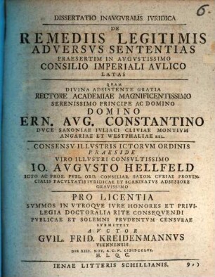 Jo. Augusti Hellfeld De remediis legitimis adversus sententias praesertim in consilio imperiali aulico latas
