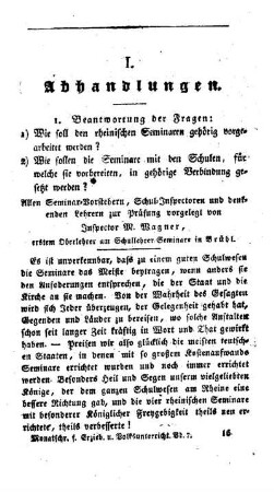 Beantwortung der Fragen: 1) Wie soll den rheinischen Seminaren gehörig vorgearbeitet werden? 2) Wie sollen die Seminare mit den Schulen, für welche sie vorbereiten, in gehörige Verbindung gesetzt werden?