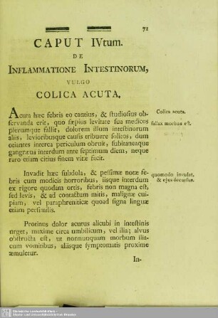 Caput IVtum. De Inflammatione Intestinorum, Vulgo Colica Acuta