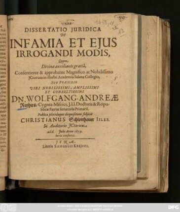 Dissertatio Iuridica De Infamia Et Eius Irrogandi Modis