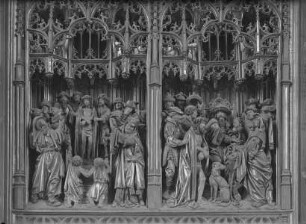 Linker Innenflügel, Innenseite: Abendmahl, Ölbergszene, Ecce Homo und Christus vor Pilatus