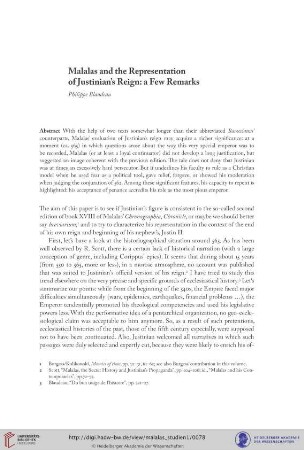 Malalas and the Representation of Justinian's Reign: a Few Remarks