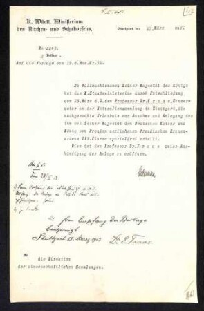 Schreiben zur Bevollmächtigung von Prof. Dr. E. Fraas für das Tragen des ihm verliehenen Preußischen Kronenordens 3. Klasse