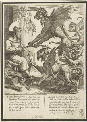 Antonius Abbas wird beim Korbflechten von einem Dämon heimgesucht (Blatt 23 der Folge zum Leben des Antonius Abbas)