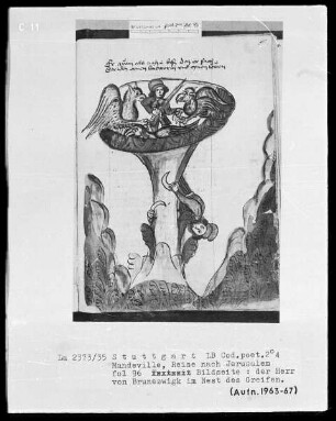 Jean de Mandeville, Reise nach Jerusalem — Der Herr von Brunezwigk im Nest des Greifen, Folio 96recto