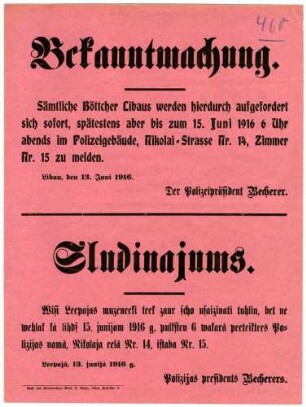 "Bekanntmachung." Aufforderung an die Böttcher von Libau, sich im Polizeigebäude zu melden