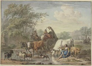 Hirten fahren mit einem Wagen durchs Wasser, rechts eine Hirtin, die sich die Füße wäscht, bei einer weißen Kuh