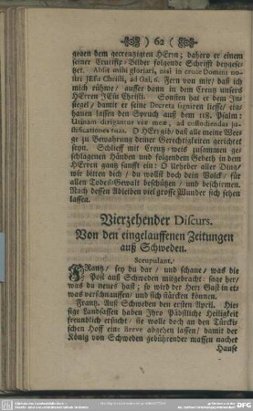 Vierzehender Discurs. Von den eingelauffenen Zeitungen aus Schweden