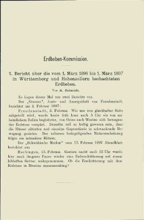 1. Bericht über die vom 1. März 1896 bis 1. März 1897 in Württemberg und Hohenzollern beobachteten Erdbeben