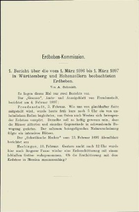 1. Bericht über die vom 1. März 1896 bis 1. März 1897 in Württemberg und Hohenzollern beobachteten Erdbeben