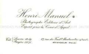 Visitenkarte des Fotografen Henri Manuel aus der Sammlung des Reichskanzlers Marx / Kategorie "Presse" - Sachkonvolut