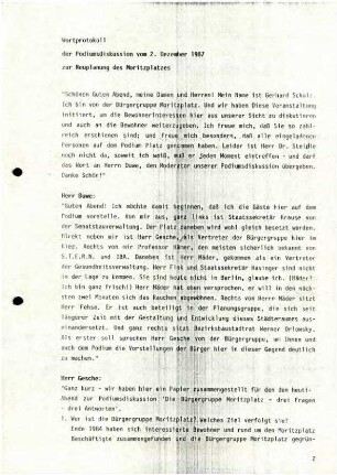 Protokoll: Podiumsdiskussion "Moritzplatz: Bewohner-orientierte Neugestaltung am Ende?", 2.12.1987