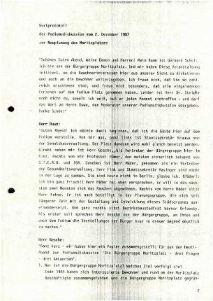 Protokoll: Podiumsdiskussion "Moritzplatz:               Bewohner-orientierte Neugestaltung am Ende?", 2.12.1987