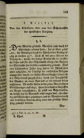 I. Artikel. Von den Lehrsätzen oder von den Geheimnissen der christlichen Religion.