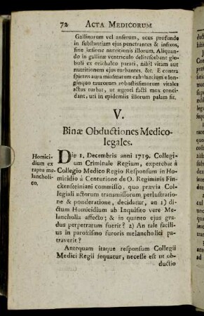 V. Binæ Obductiones Medico-legales.