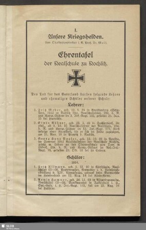 I. Unsere Kriegshelden. Ehrentafel der Realschule zu Rochlitz