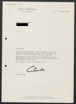 Brief an Emilio Vedova, 31.12.1990