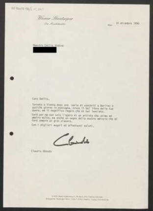 Brief an Emilio Vedova, 31.12.1990