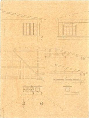 Gärtner, Friedrich von; Gärtnerhaus - Fassade (Schnitte, Detail); Dach (Teilansicht, Schnitte)