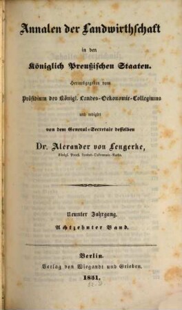 Annalen der Landwirthschaft in den Königlich Preußischen Staaten, 18. 1851 = Jg. 9