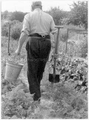 Alter Mann von hinten, mit Spaten und Eimer, läuft in einem Garten (Altersgruppe 18-21)