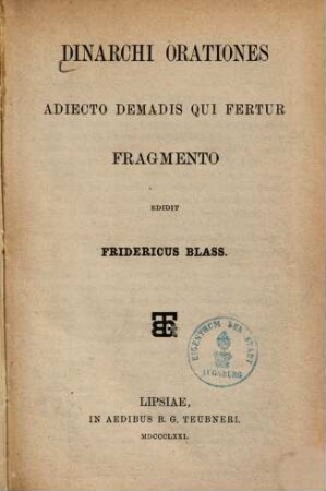 Dinarchi orationes : adiecto Demadis qui fertur fragmento