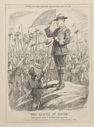 "The league of youth" The chief scout takes the salute [A jamboree of Boy Scouts of the Empire is to be held at Wermbley on Friday next]