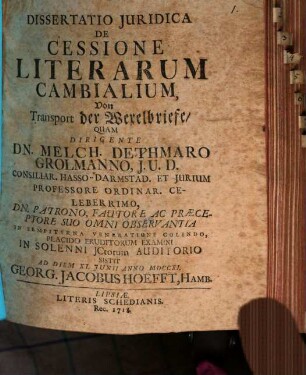 Dissertatio Juridica De Cessione Literarum Cambialium, Von Transport der Wexelbriefe