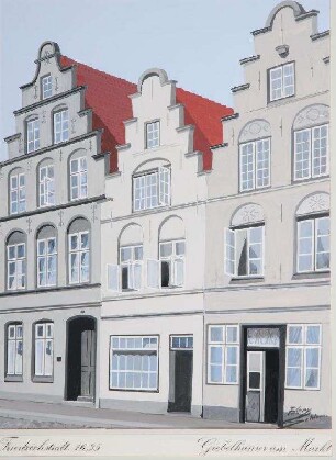 Friedrichstadt, 1635. Giebelhäuser am Markt.