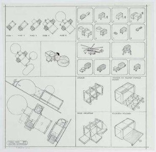 "Misawa Homes Prefabricated Housing International Design Competition 70", Mobilhaus (nicht realisiert), 4. Preis – Grundrisse, Perspektivansichten Entwicklungsphasen. Misawa/Japan
