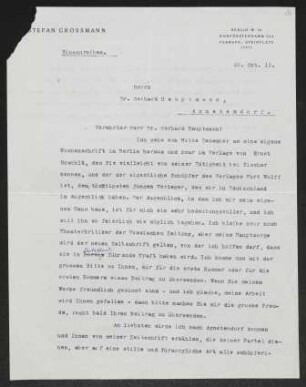 Brief von Stefan Großmann an Gerhart Hauptmann