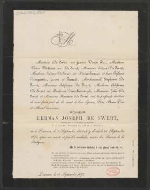Todesanzeige Herman Joseph de Swert